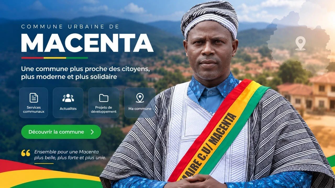 Commune urbaine de Macenta : une commune plus proche des citoyens, plus moderne et plus solidaire. Le Maire, ceint de son écharpe. « Ensemble pour une Macenta plus belle, plus forte et plus unie. » Découvrir la commune